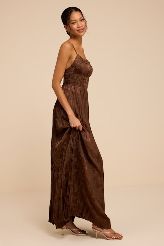 Ashyr Brown Satin Jacquard Pleated Maxi Dress