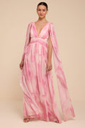 Damaria Pink Multi Abstract Cape Sleeve Maxi Dress