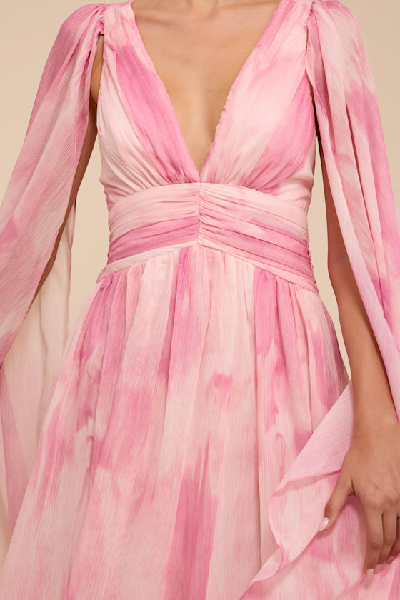 Damaria Pink Multi Abstract Cape Sleeve Maxi Dress