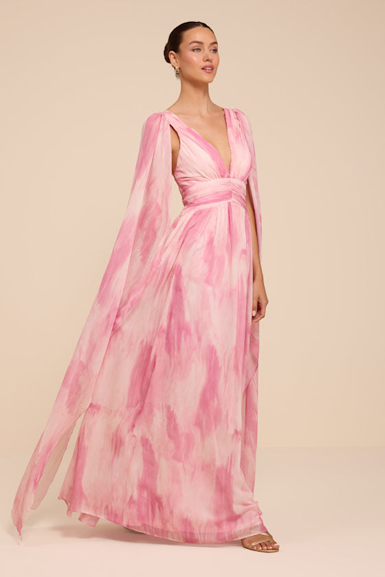 Damaria Pink Multi Abstract Cape Sleeve Maxi Dress