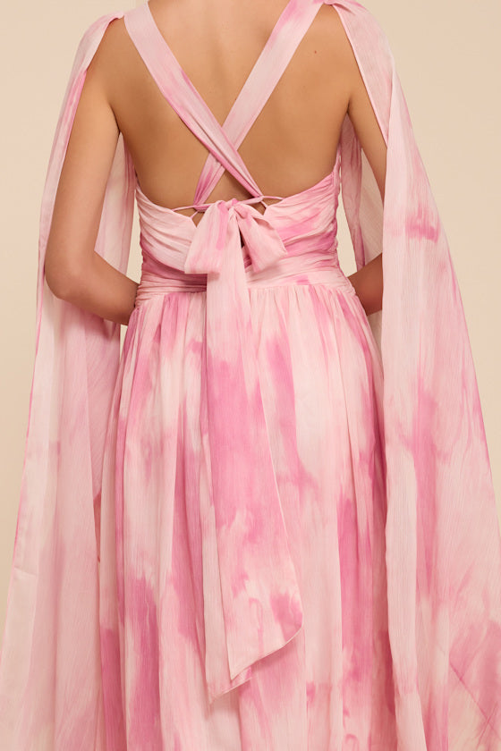 Damaria Pink Multi Abstract Cape Sleeve Maxi Dress