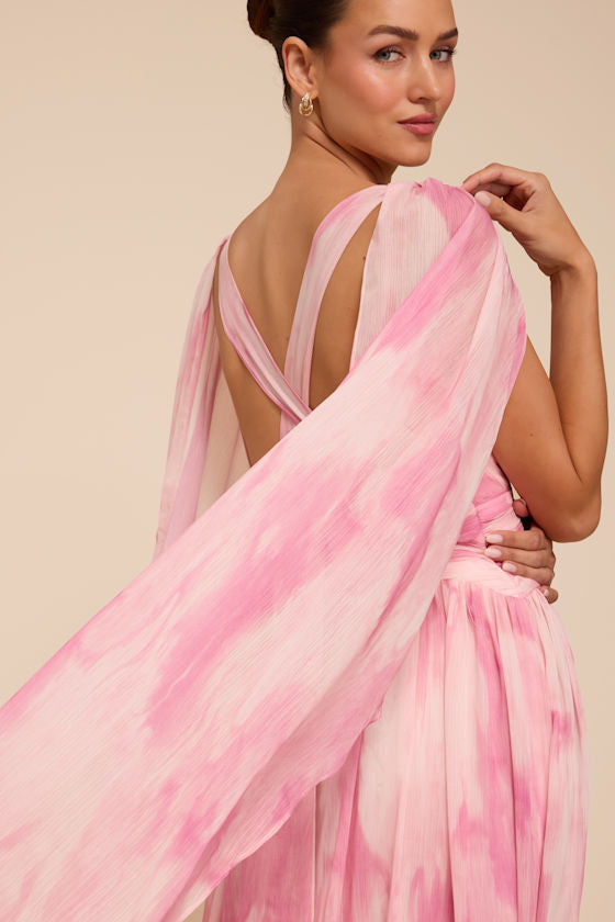 Damaria Pink Multi Abstract Cape Sleeve Maxi Dress