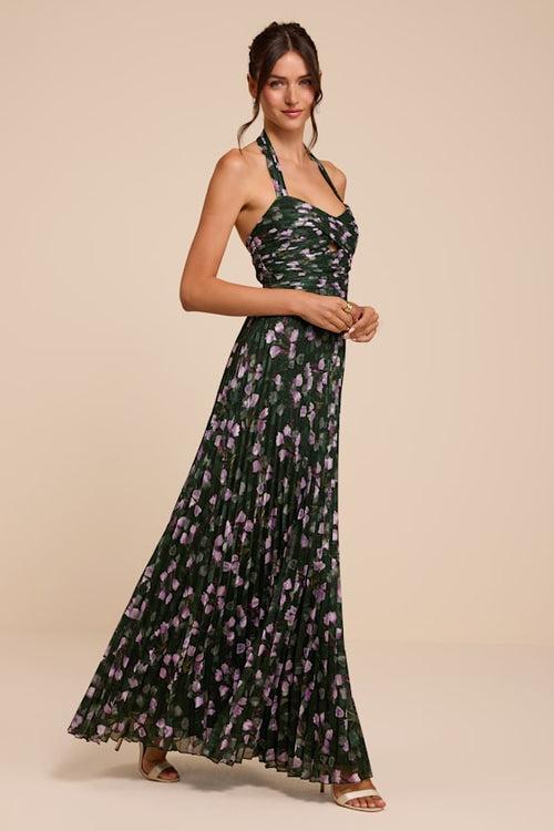 Marlene Dark Green Floral Pleated Halter Maxi Dress