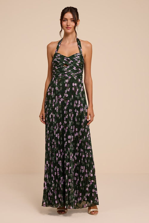 Marlene Dark Green Floral Pleated Halter Maxi Dress