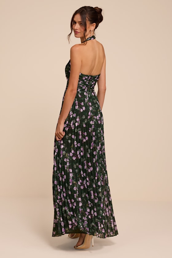 Marlene Dark Green Floral Pleated Halter Maxi Dress