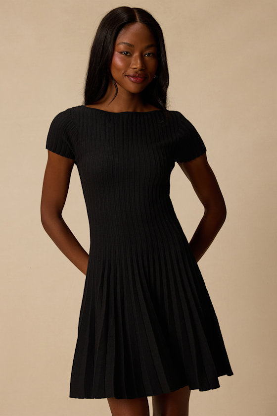 Sarielle Black Pleated Sweater Mini Dress