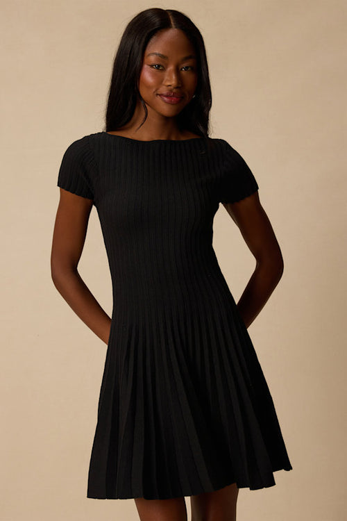 Sarielle Black Pleated Sweater Mini Dress