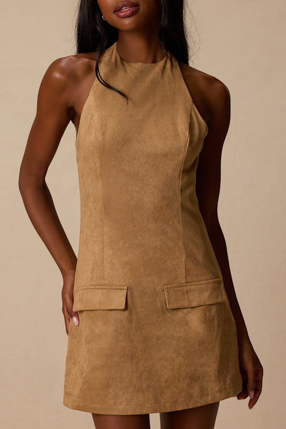 Xandra Tan Suede Halter Mini Dress
