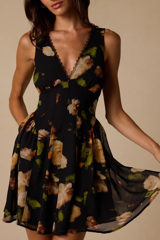 Kristen Black Floral Print Mini Dress