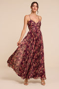Rebena Plum Multi Floral Pleated Maxi Dress