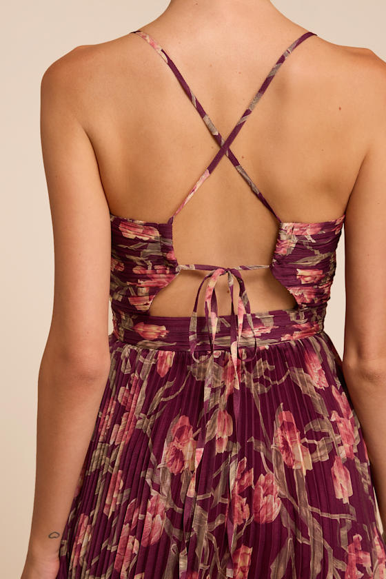 Rebena Plum Multi Floral Pleated Maxi Dress