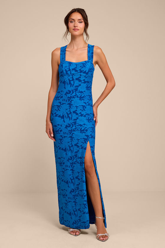 Danette Blue Floral Jacquard Cutout Maxi Dress