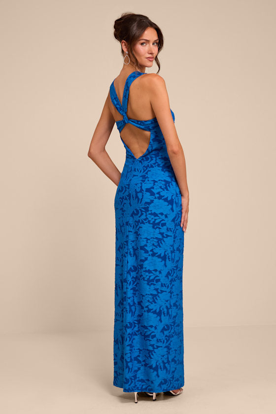 Danette Blue Floral Jacquard Cutout Maxi Dress
