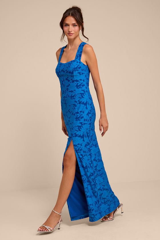 Danette Blue Floral Jacquard Cutout Maxi Dress