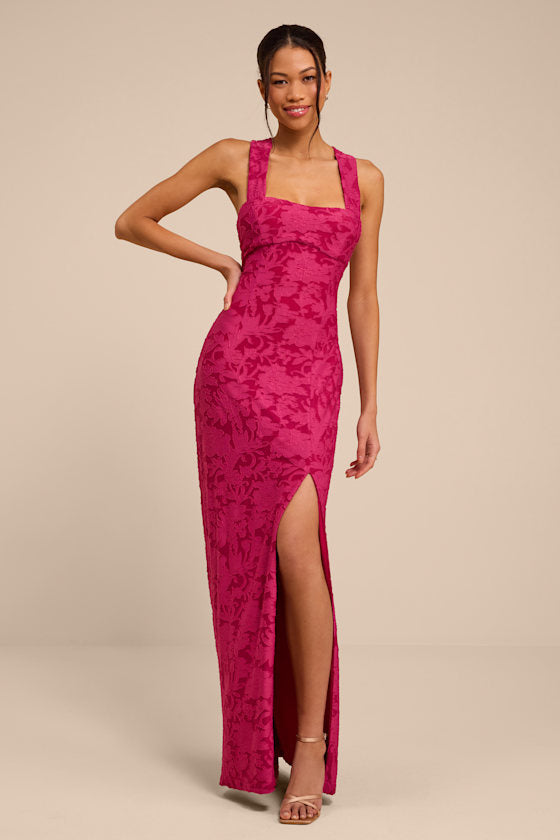 Danette Fuchsia Floral Jacquard Cutout Maxi Dress