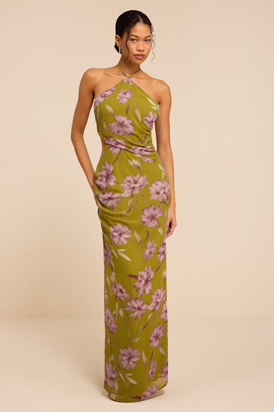 Nikina Chartreuse Floral Halter Maxi Dress