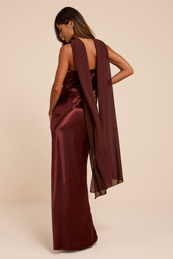 Daya Brown Satin Slip Maxi Dress and Scarf Set