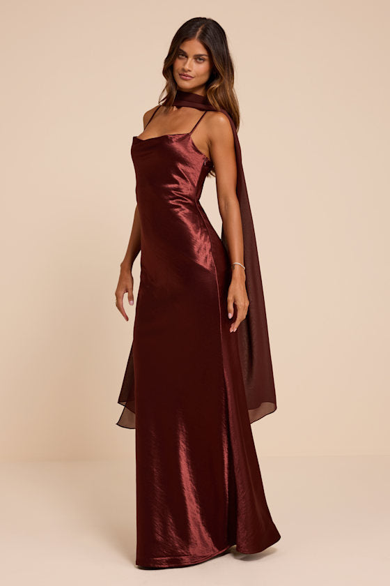 Daya Brown Satin Slip Maxi Dress and Scarf Set