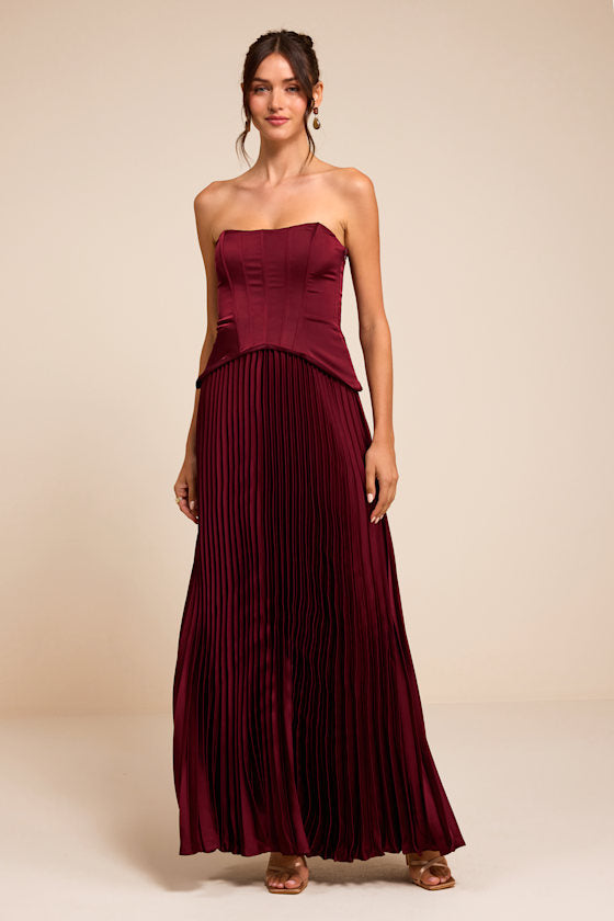 Makani Wine Red Satin Bustier Maxi Dress