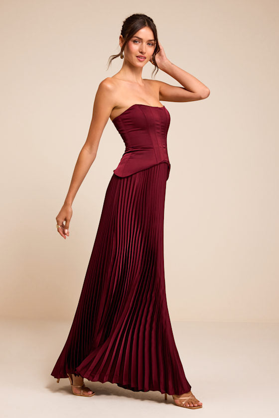 Makani Wine Red Satin Bustier Maxi Dress