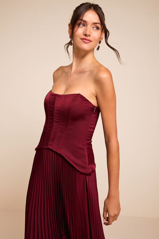 Makani Wine Red Satin Bustier Maxi Dress