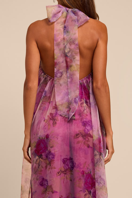 Ashana Magenta Floral Organza Halter Maxi Dress