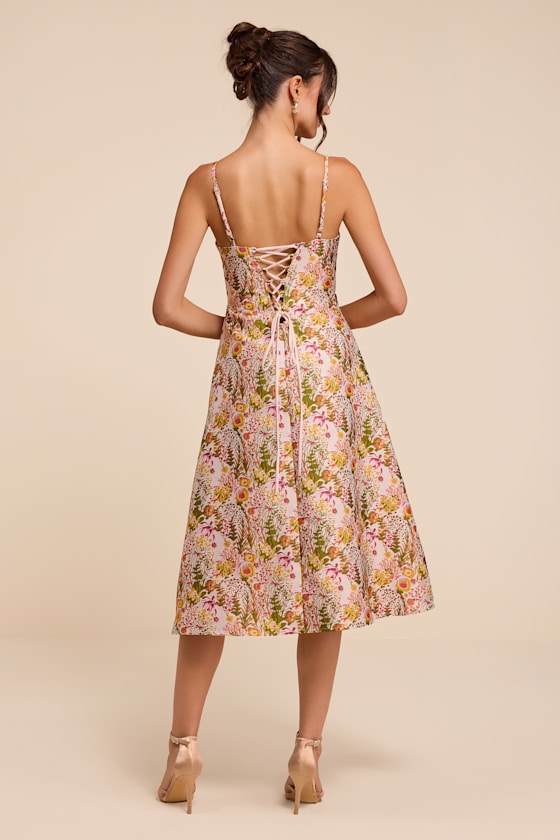 Emmaline Cream Multi Jacquard Lace-Up Midi Dress