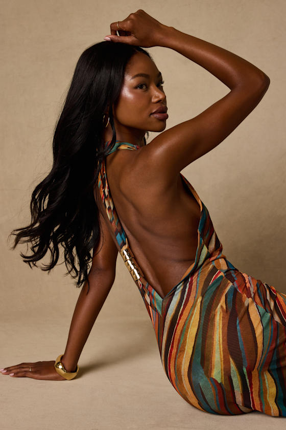 Keiani Orange Multi Print Backless Midi Dress
