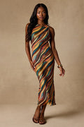 Keiani Orange Multi Print Backless Midi Dress