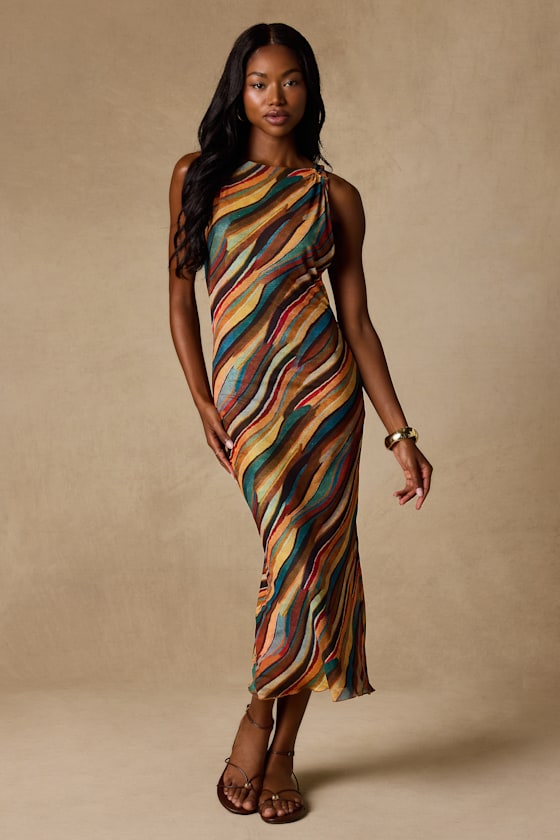 Keiani Orange Multi Print Backless Midi Dress
