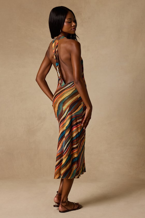 Keiani Orange Multi Print Backless Midi Dress