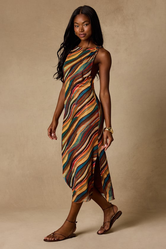 Keiani Orange Multi Print Backless Midi Dress