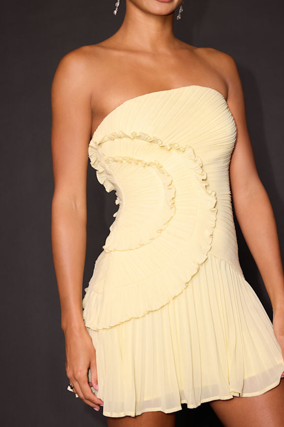 Brylee Butter Yellow Pleated Ruffled Strapless Mini Dress