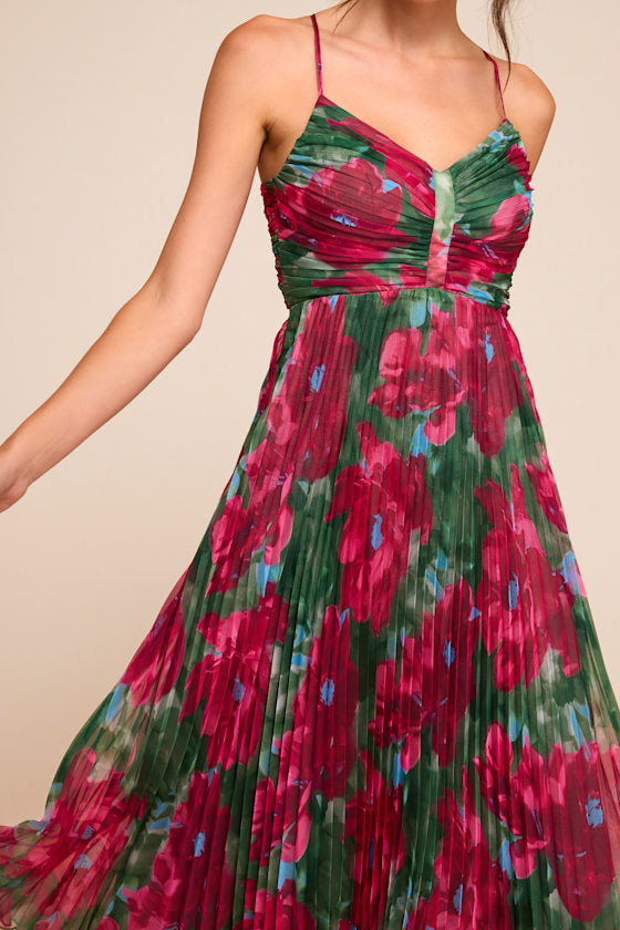 Whitley Green Multi Floral Pleated Sleeveless Midi Dress