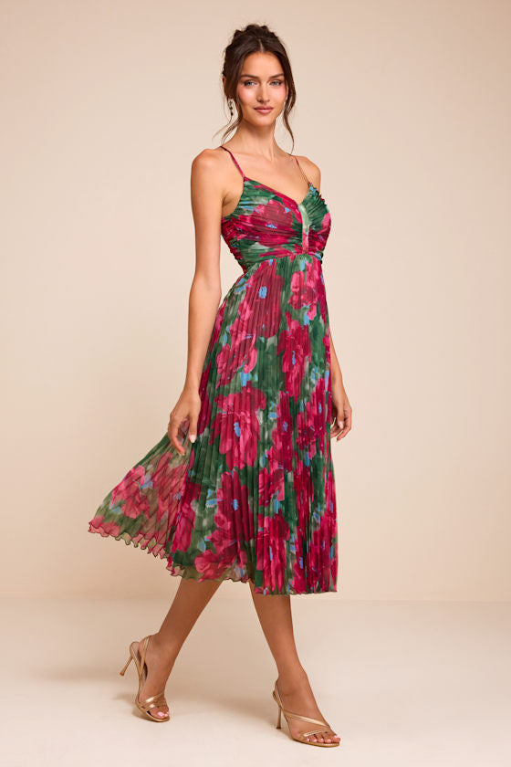 Whitley Green Multi Floral Pleated Sleeveless Midi Dress