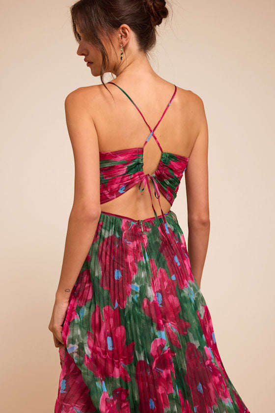 Whitley Green Multi Floral Pleated Sleeveless Midi Dress