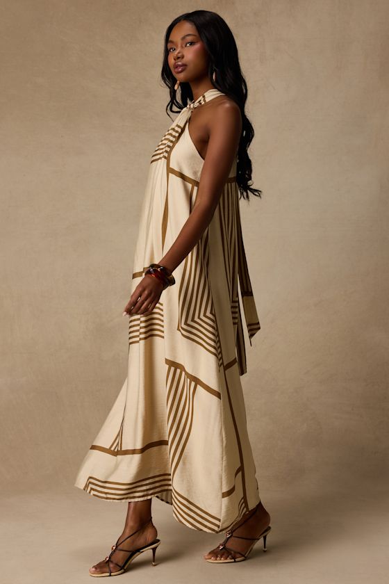 Rio Cream and Brown Abstract Print Shift Maxi Dress