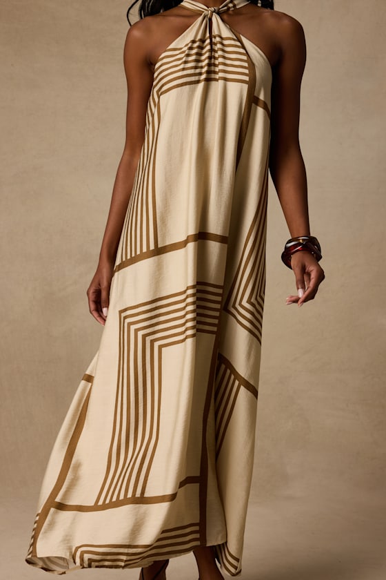 Rio Cream and Brown Abstract Print Shift Maxi Dress