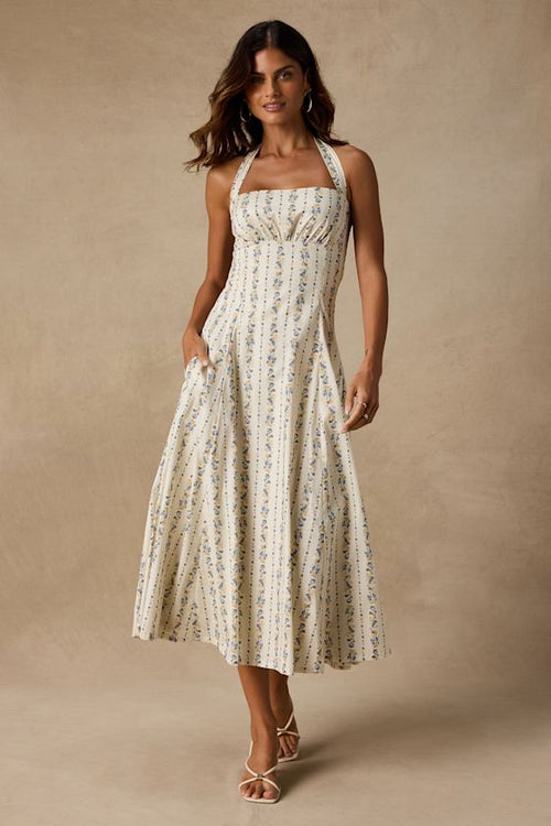 Serenity Cream Multi Floral Halter Midi Dress