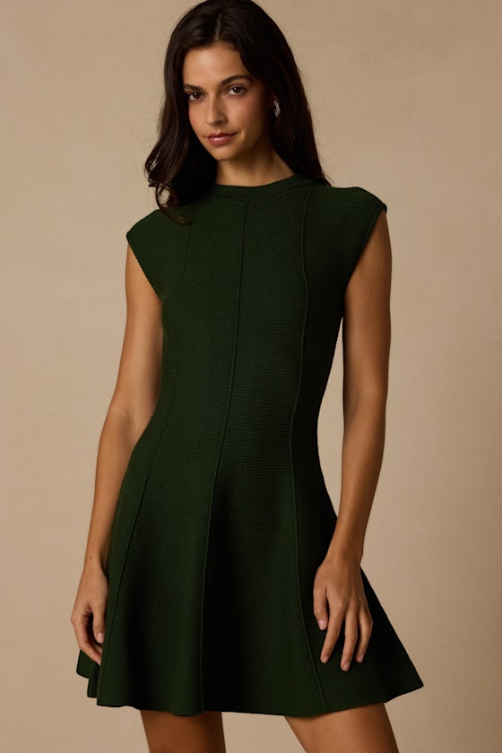 Kary Forest Green Cap Sleeve Sweater Mini Dress