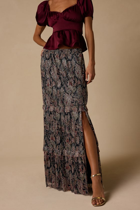Dimitria Black Multi Floral Lurex Maxi Skirt