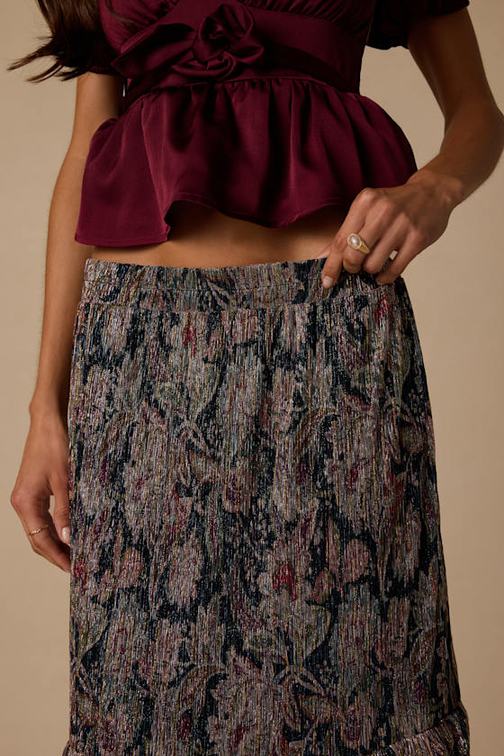Dimitria Black Multi Floral Lurex Maxi Skirt