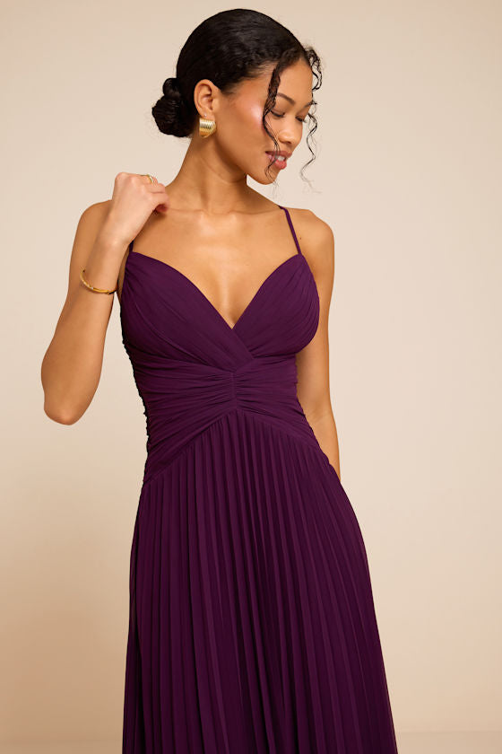 Corella Plum Pleated Backless Maxi Dress