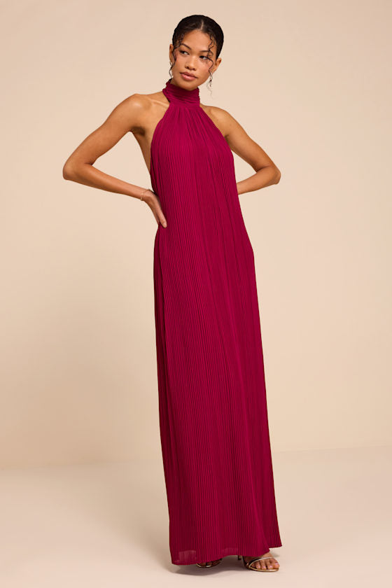 Marta Dark Magenta Pleated Backless Maxi Dress
