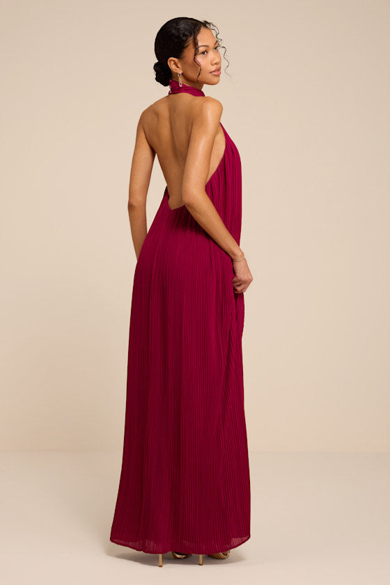 Marta Dark Magenta Pleated Backless Maxi Dress