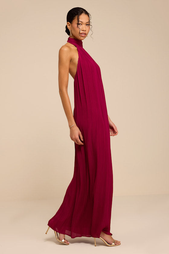 Marta Dark Magenta Pleated Backless Maxi Dress