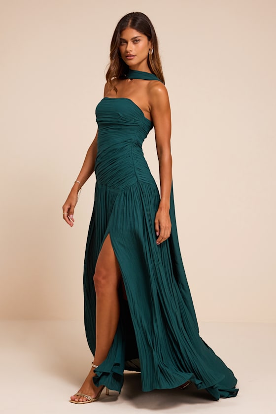 Nellie Teal Pleated Maxi Dress and Scarf Set
