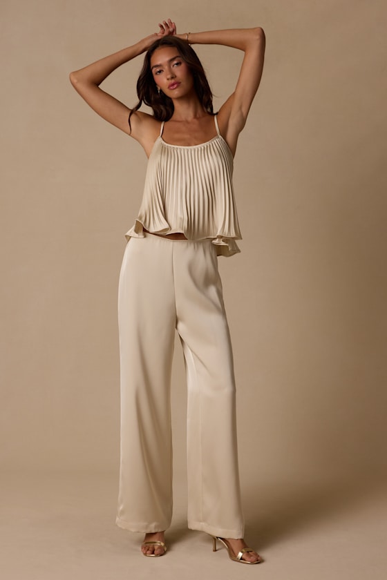 Caspian Cream Satin Pleated Cami Top