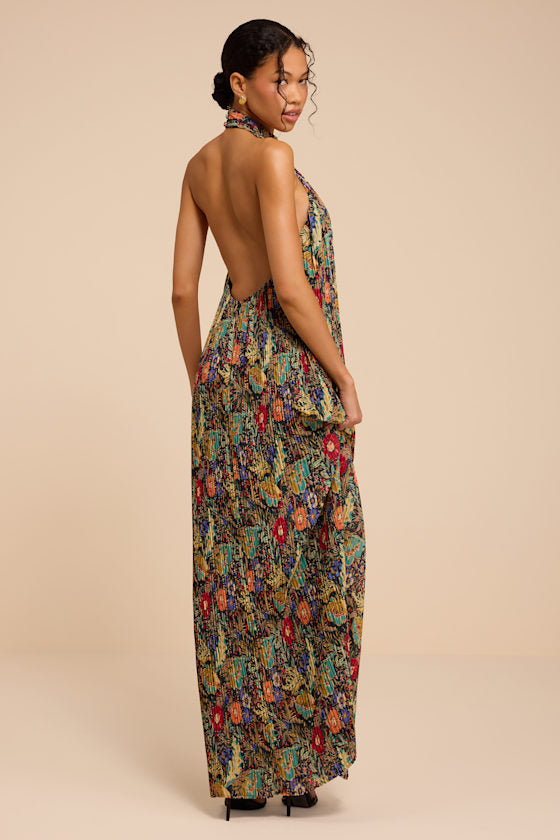 Marta Multi Floral Pleated Backless Maxi Dress