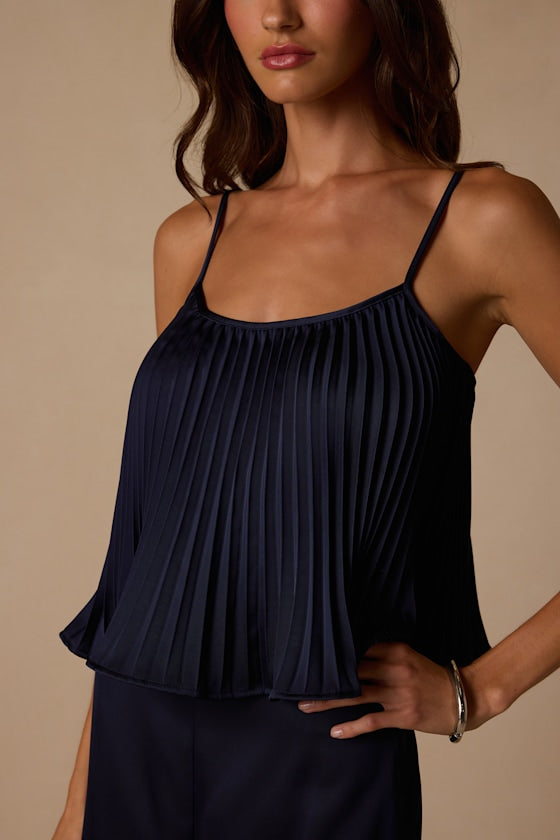 Caspian Navy Satin Pleated Cami Top